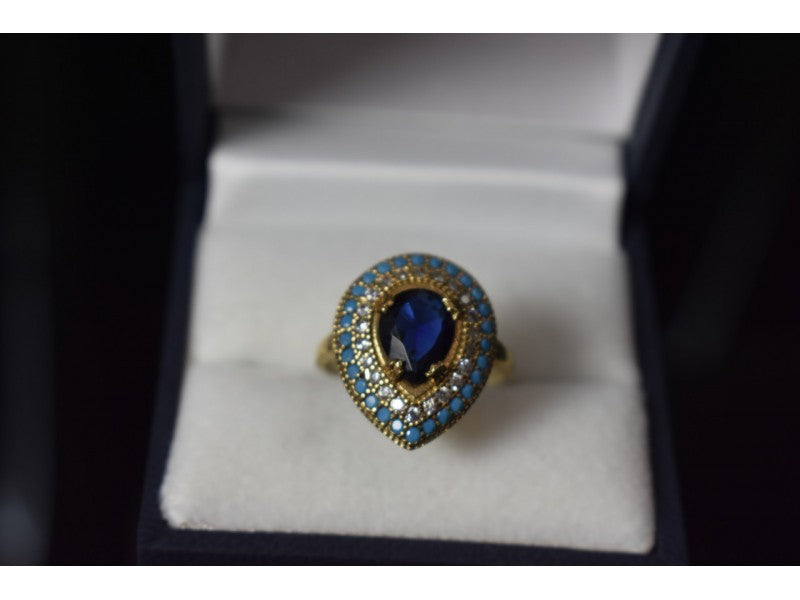 925 Sterling Silver Gold Plated Blue Alpanite, Turquoise & CZ Ring Size 8