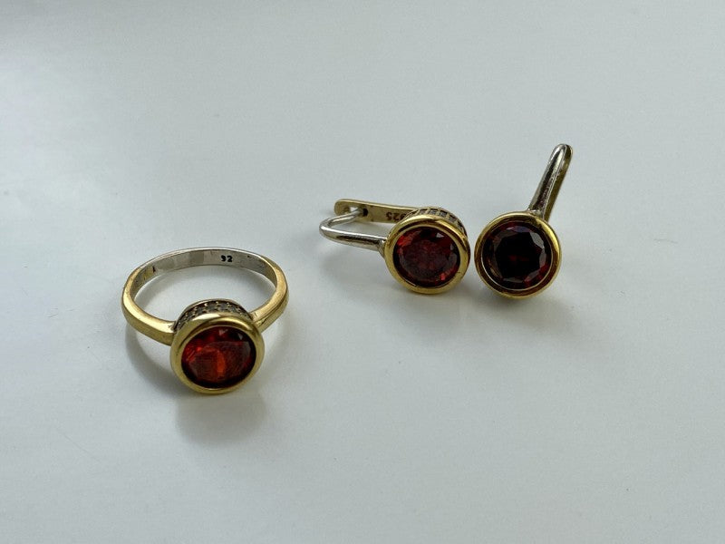 925 Sterling Silver Gold Plated Garnet & CZ Jewelry Set Turkey