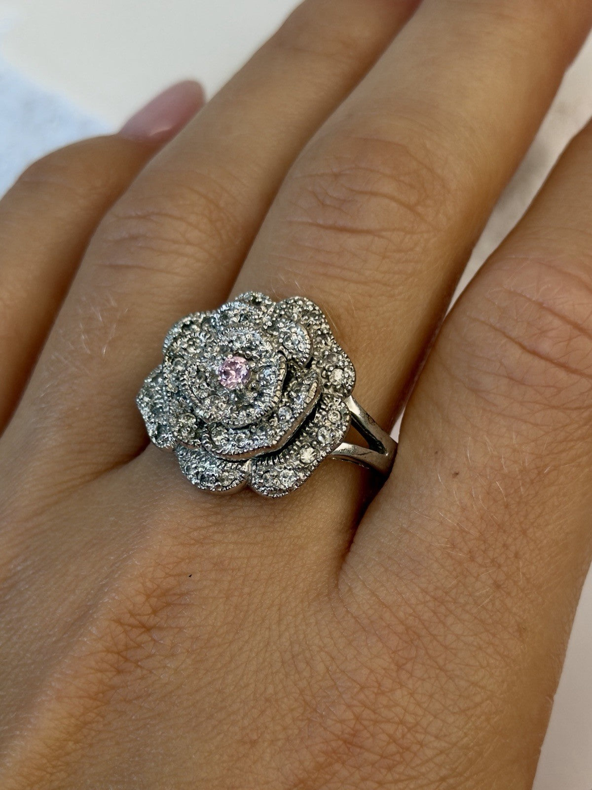 Sparkling Floral 925 Sterling Silver Pink & Clear Sapphire Stones Ring Size 11