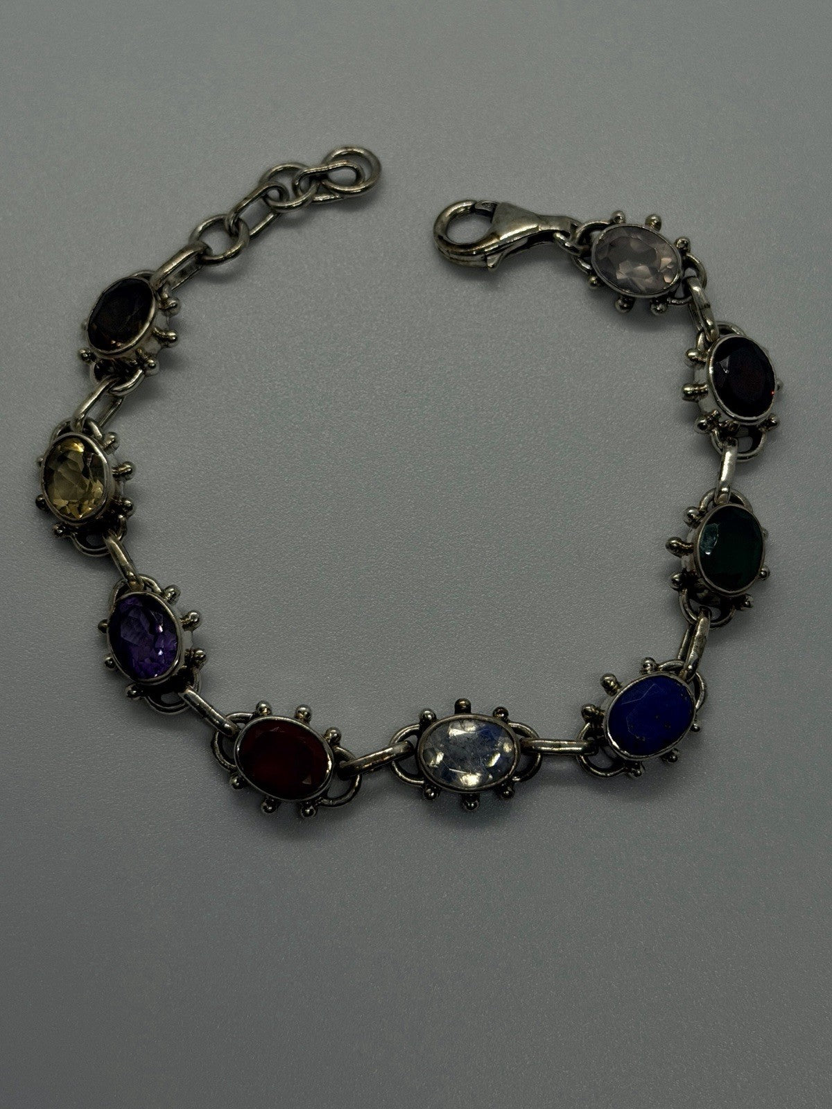 Vintage 925 Sterling Silver Multi-Gemstone Oval Link Bracelet Size 7