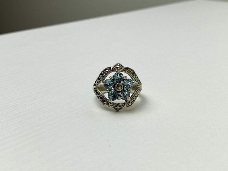 925 Sterling Silver Blue Topaz & Marcasites Ring Size 8