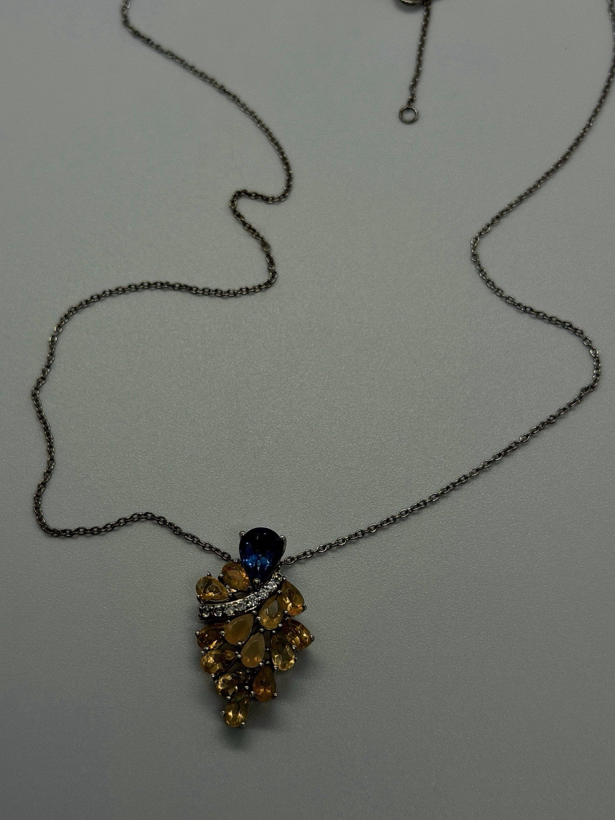 925 Sterling Silver Fire Opal & Blue Topaz & Beryl Necklace