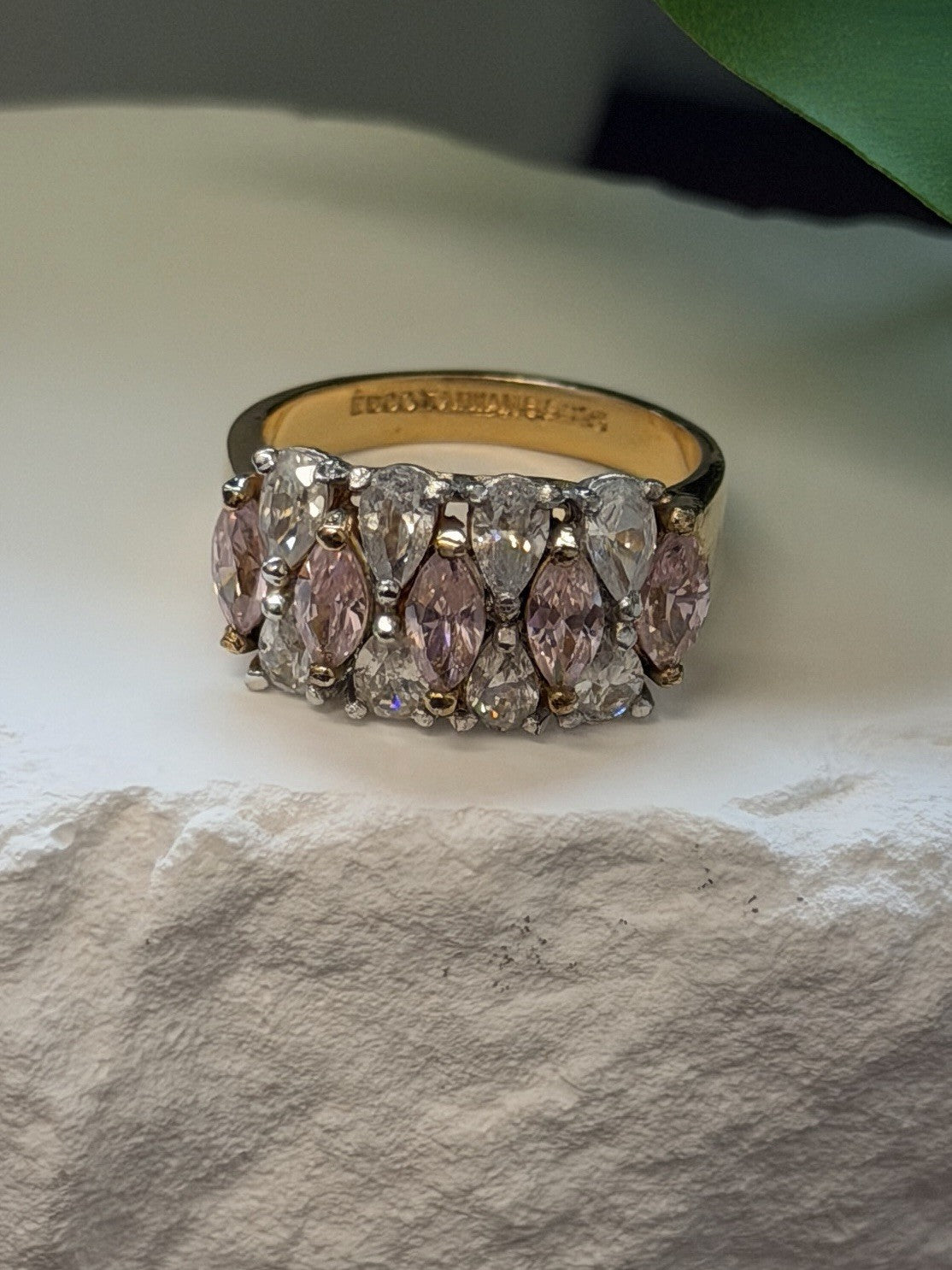 925 Sterling Silver Gold Plated Pink Morganite & White Clear Beryl Ring Size 8
