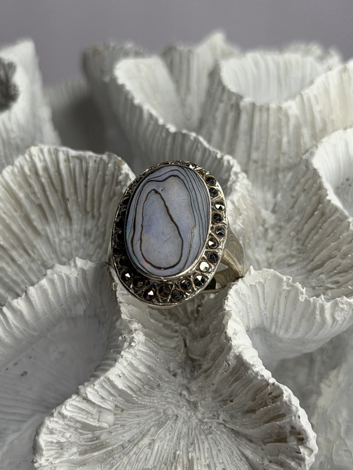 925 Sterling Silver Abalone & Marcasite Ring Size 9