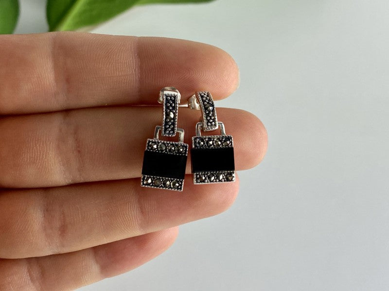 925 Sterling Silver Black Nephrite & Marcasites Earrings