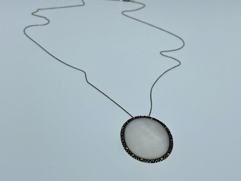 925 Sterling Silver Mother Of Pearl & Marcasites Chain With Pendant