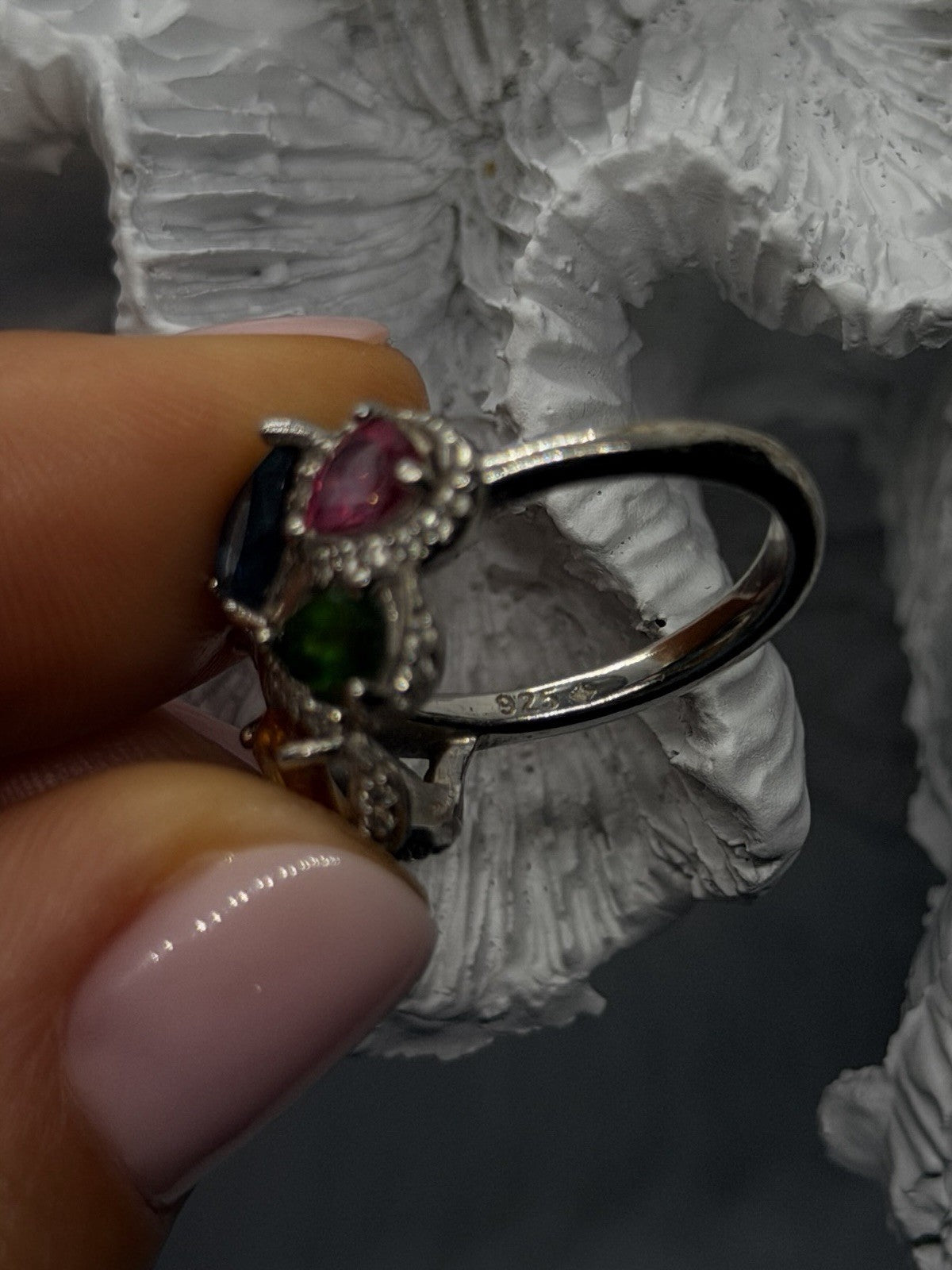 925 Sterling Silver Multi Color Tourmaline  Ring Size 6 Floral Design