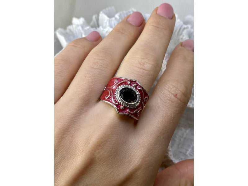 925 Sterling Silver Hessonite & Red Enamel Ring Size 9.5