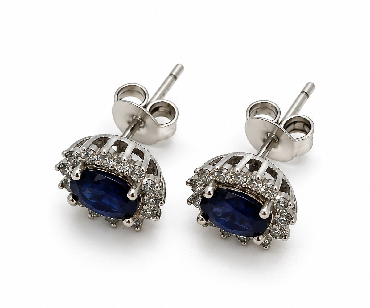 Beautiful 925 Sterling Silver Blue Sapphire & Cz Stud Earrings