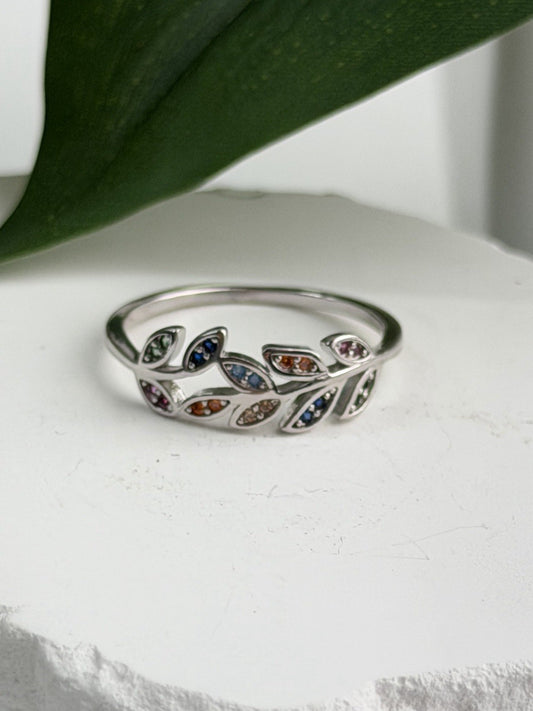 925 Sterling Silver Leaves Multi Color Spinel Ring Size 7