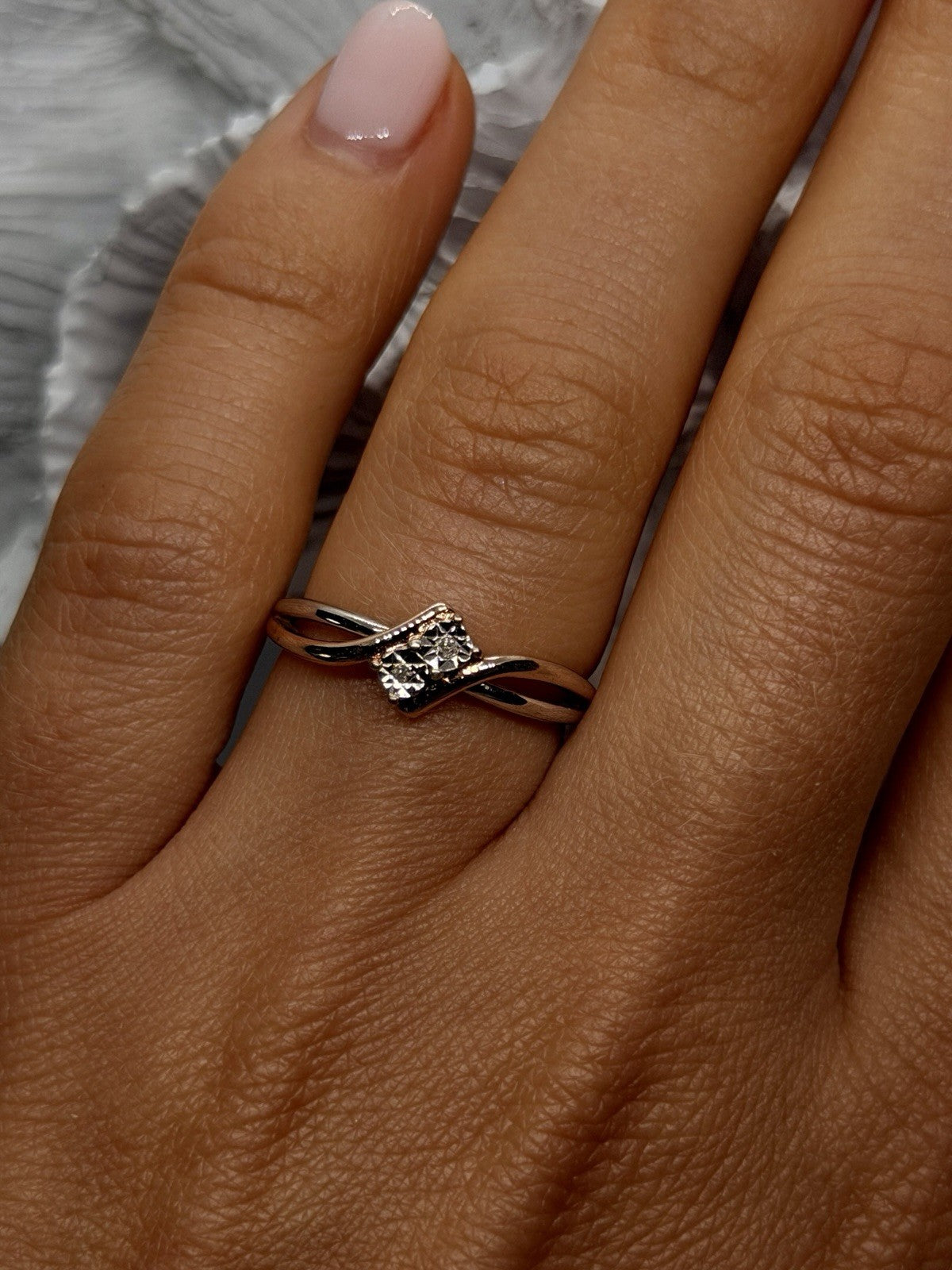 925 Sterling Silver & 14K Rose Gold Plated Part Diamond Ring Size 7