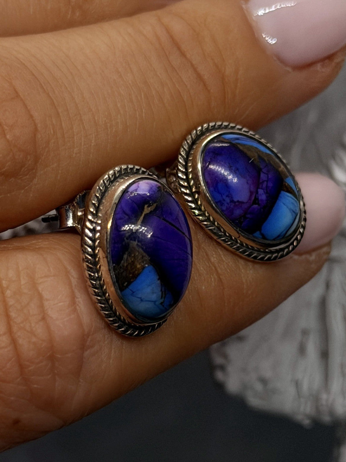 925 Sterling Silver Purple & Blue Turquoise Composite Stone Oval Stud Earrings