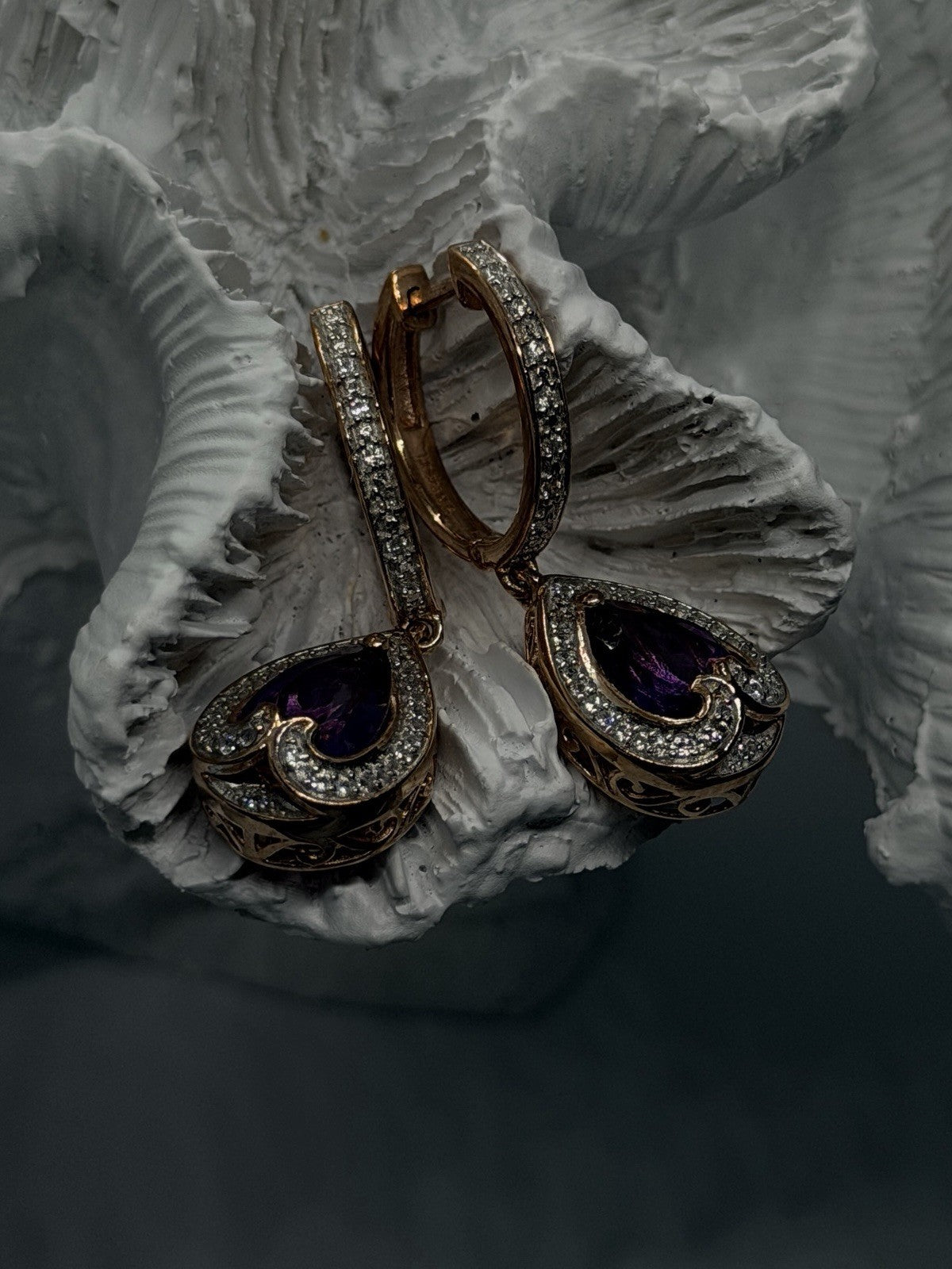 Rose Gold Plated Elegant 925 Sterling Silver Purple Amethyst & Beryl Earrings