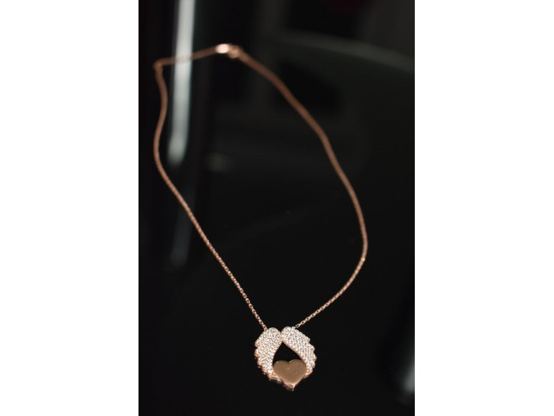 925 Sterling Silver Gold Plated CZ "Angel's Wings with Heart" Necklace