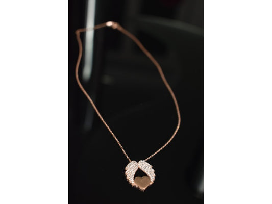 925 Sterling Silver Gold Plated CZ "Angel's Wings with Heart" Necklace