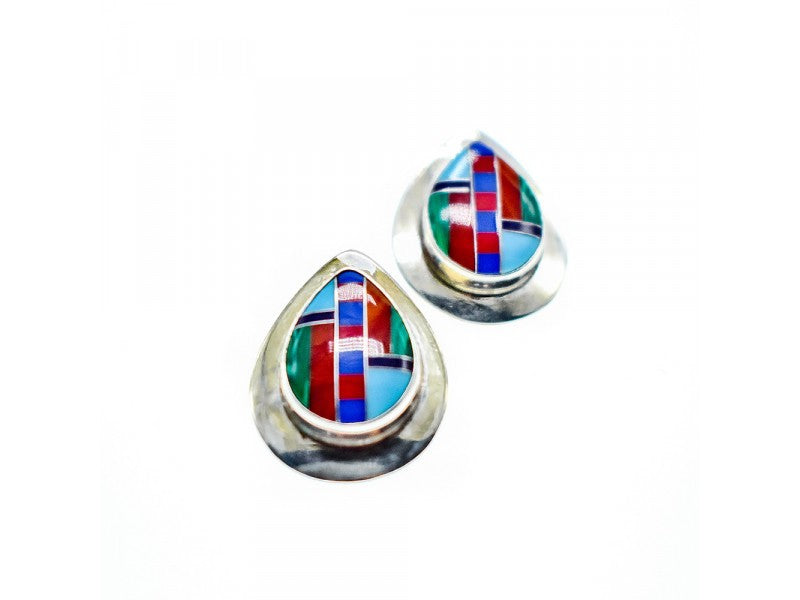 Vintage 925 Sterling Silver Agate Mosaic Stud Earrings