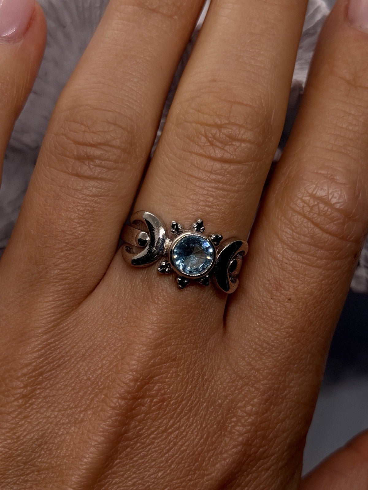 925 Sterling Silver Ring Round Blue Topaz & Sapphire Ornate Swirl Design Size 8
