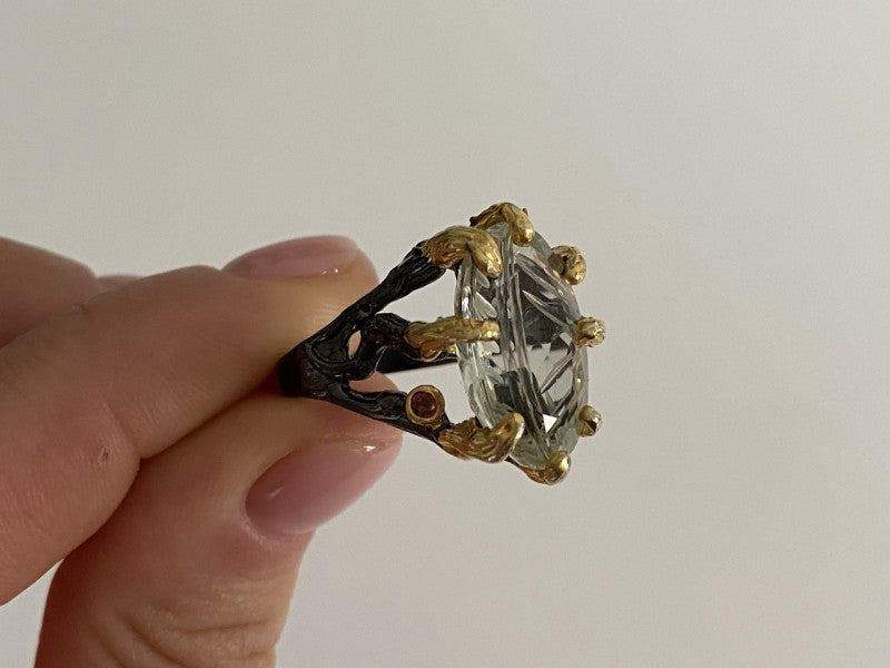 925 Blackened Silver With Gilding Green Amethyst & Heliodor Ring Size 9.75