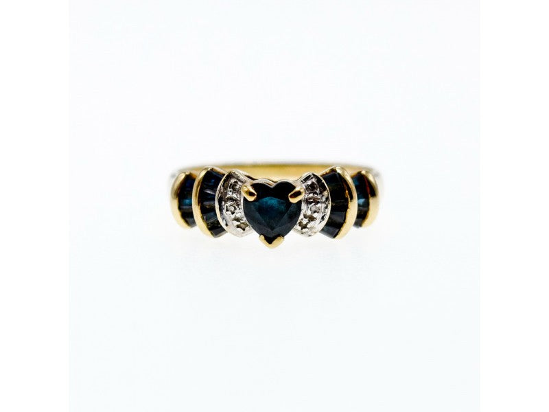 10K Yellow Gold Sapphires & Diamonds "Heart" Ring Size 9.5