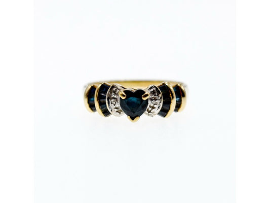 10K Yellow Gold Sapphires & Diamonds "Heart" Ring Size 9.5