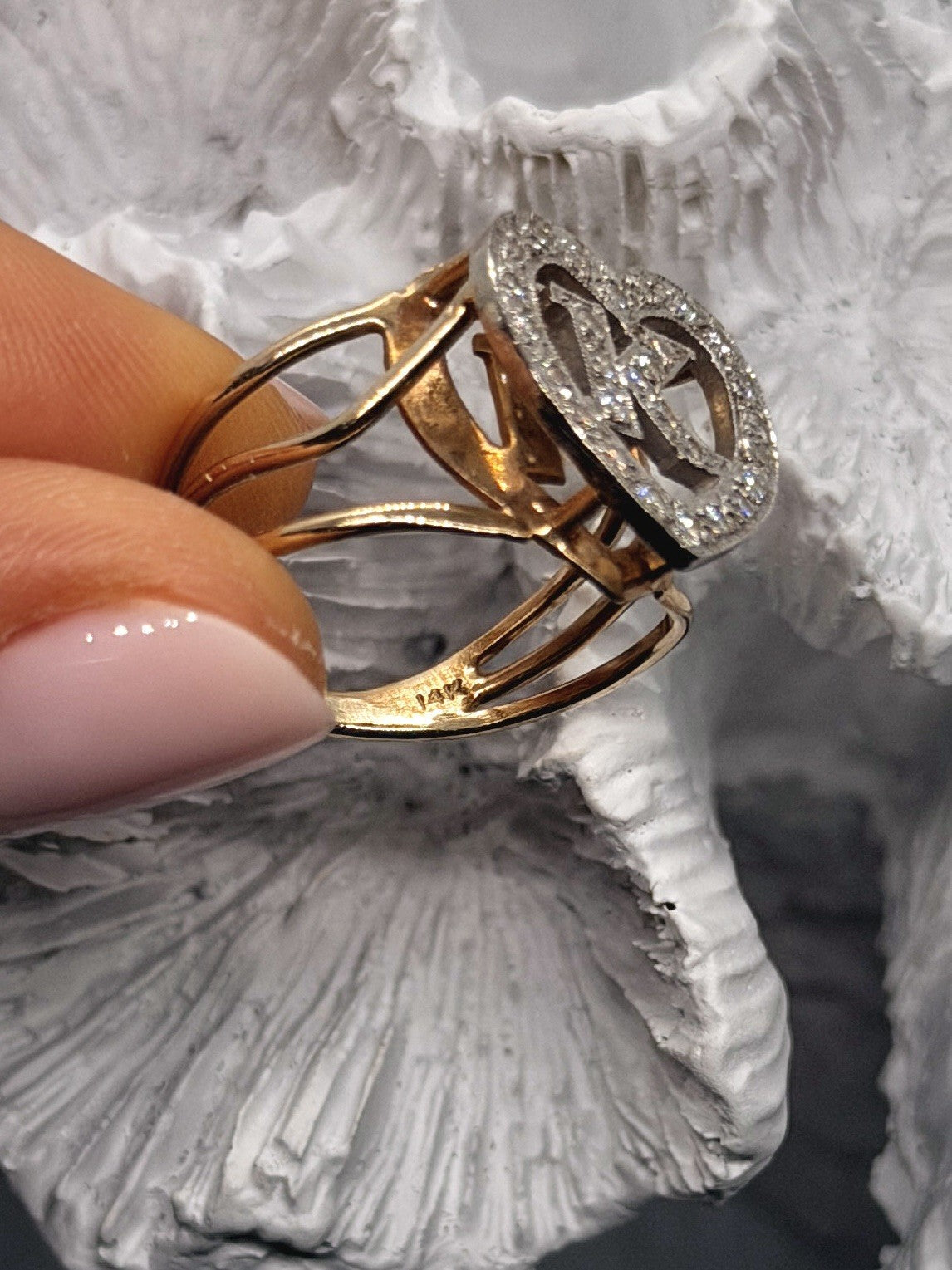 14K Yellow Gold And Diamond Letter ''K'' Heart Ring Size 8.25 Cocktail Estate