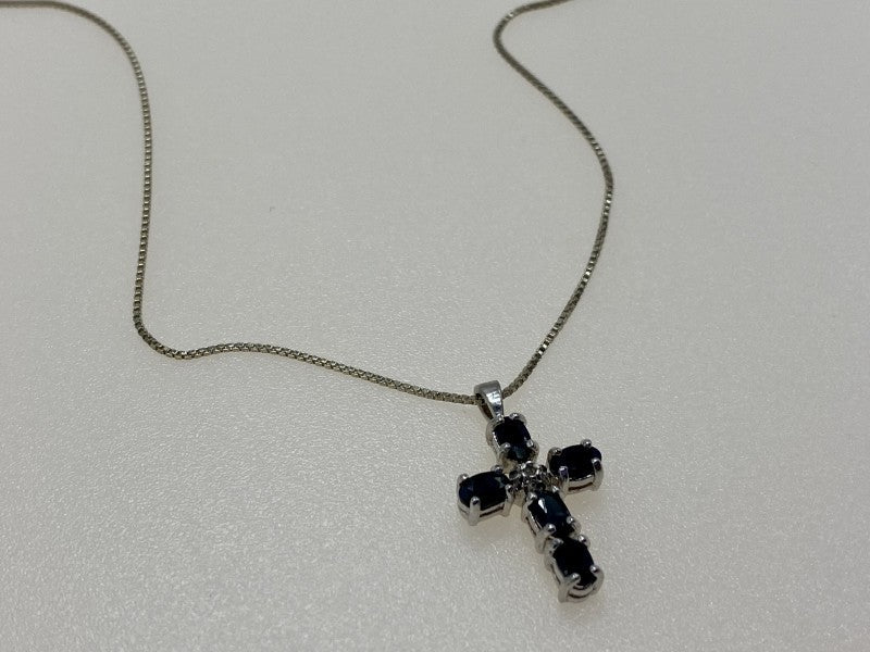 925 Sterling Silver Blue Spinel & Diamond Chain with Cross Italy
