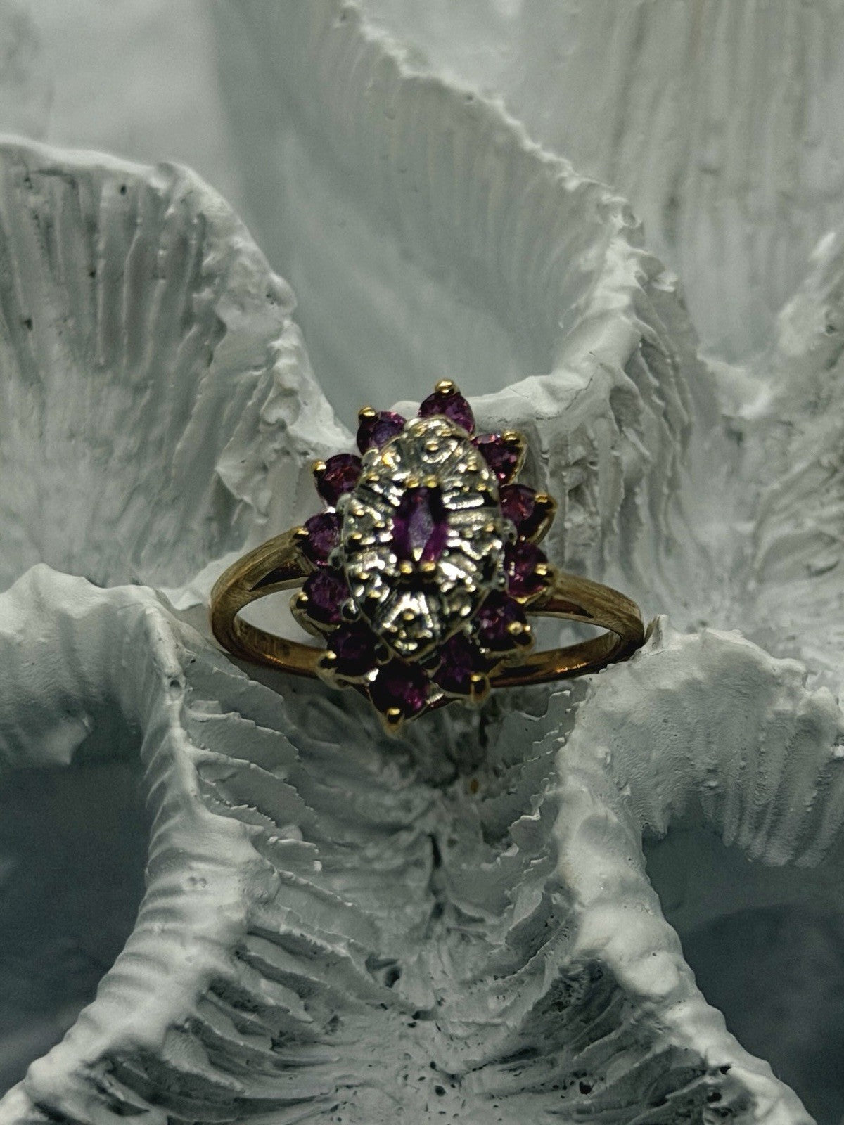 10K Yellow Gold Ruby & Diamond Cocktail Floral Style Ring Size 7.5
