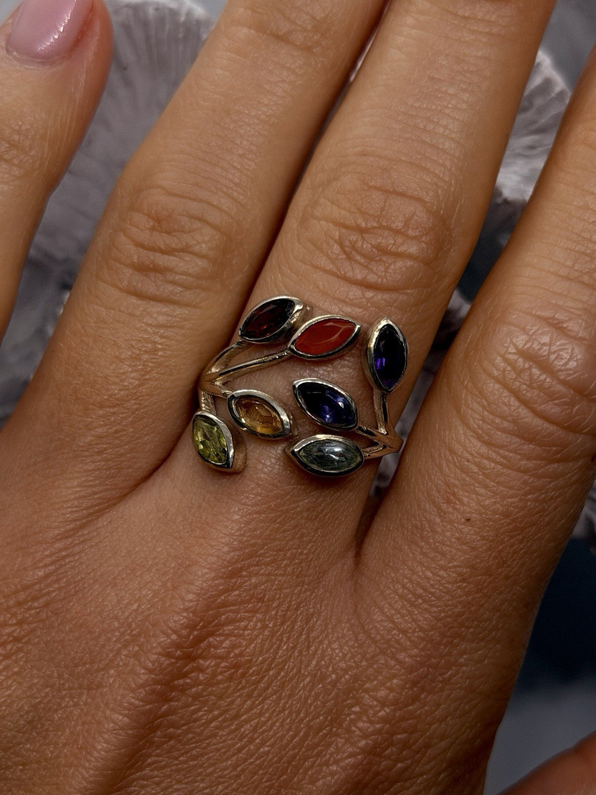 Adjustable 925 Sterling Silver Multi Color Ring Floral Design