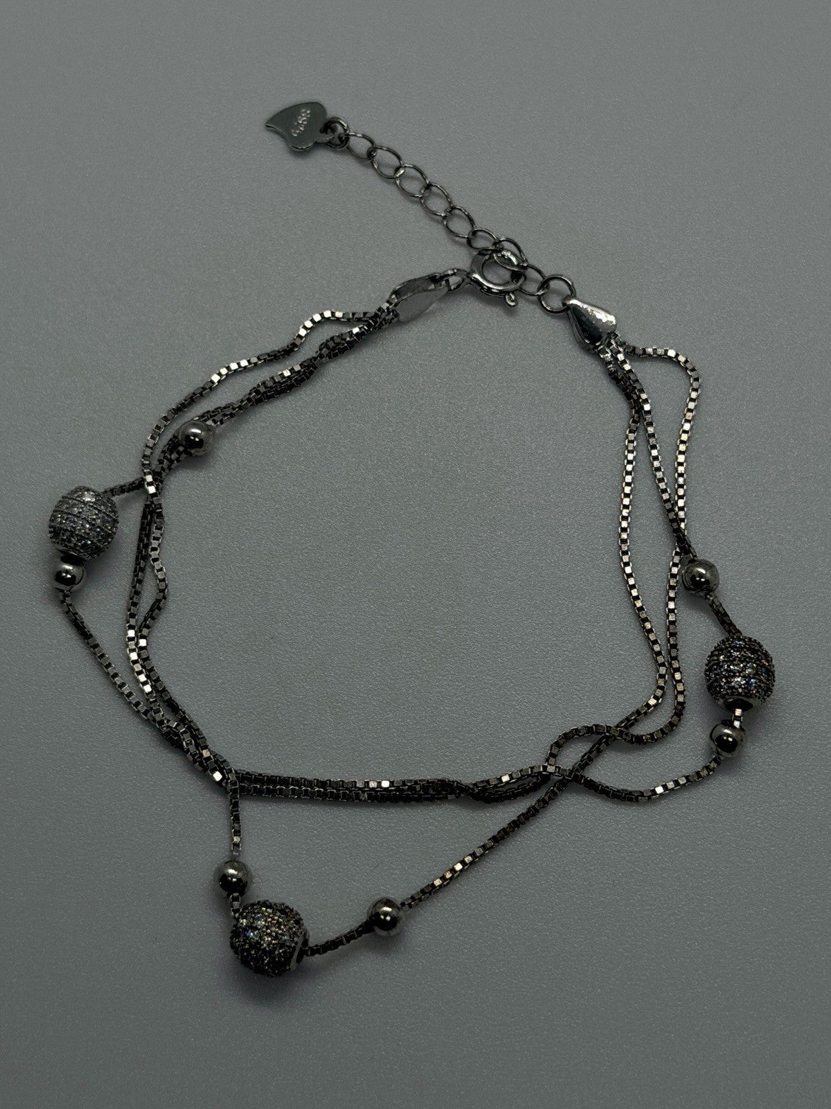 925 Sterling Silver Multi-Strand Box Chain Pave Cz Beads Bracelet Size 6.5/8