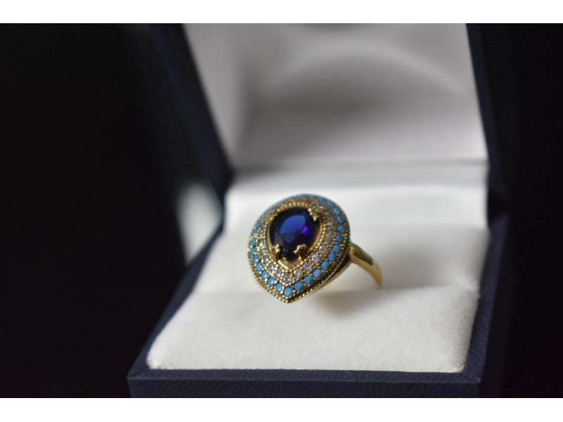 925 Sterling Silver Gold Plated Blue Alpanite, Turquoise & CZ Ring Size 8
