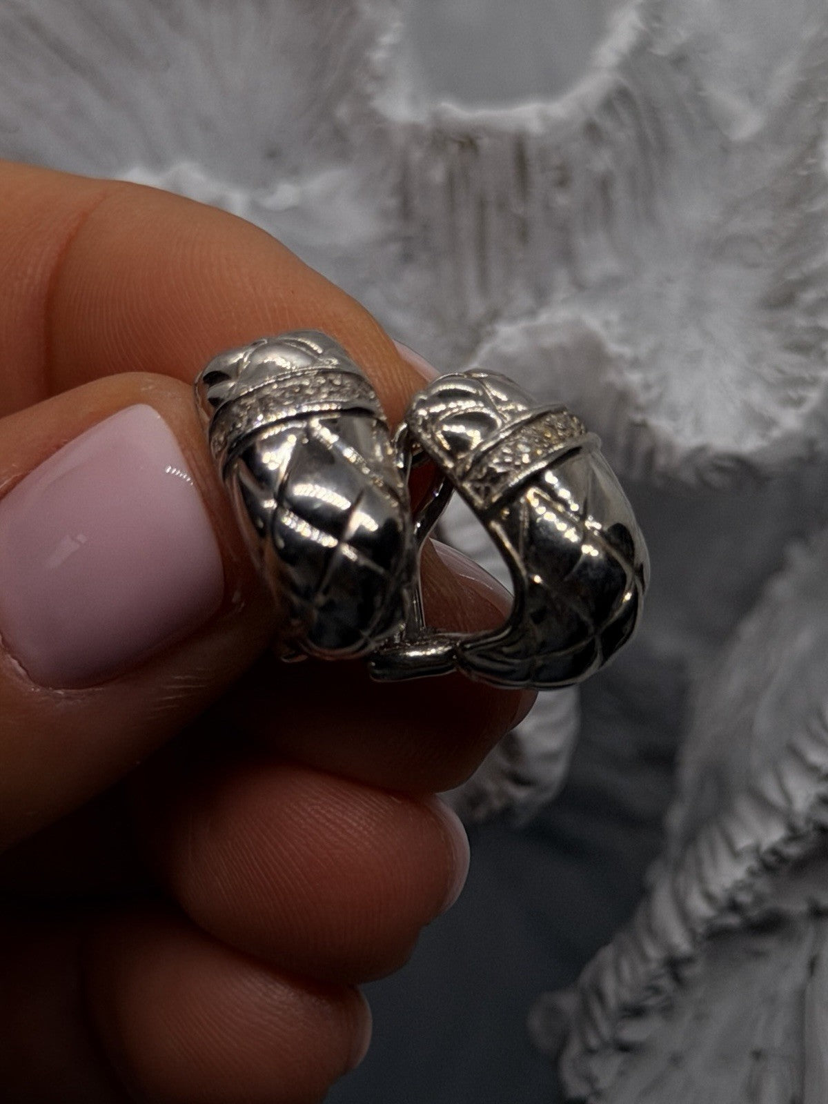 Vintage 925 Sterling Silver Diamond Accent Wide Huggie Hoop Earrings