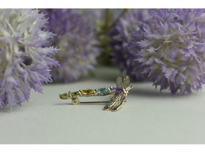 925 Sterling Silver Multi Gemstones "Dragonfly" Brooch