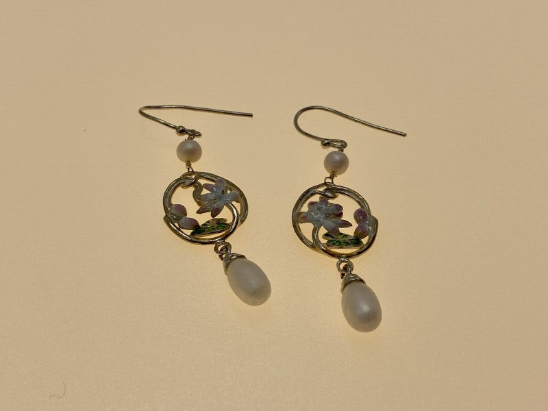 925 Sterling Silver Pearls & Enamel Earrings