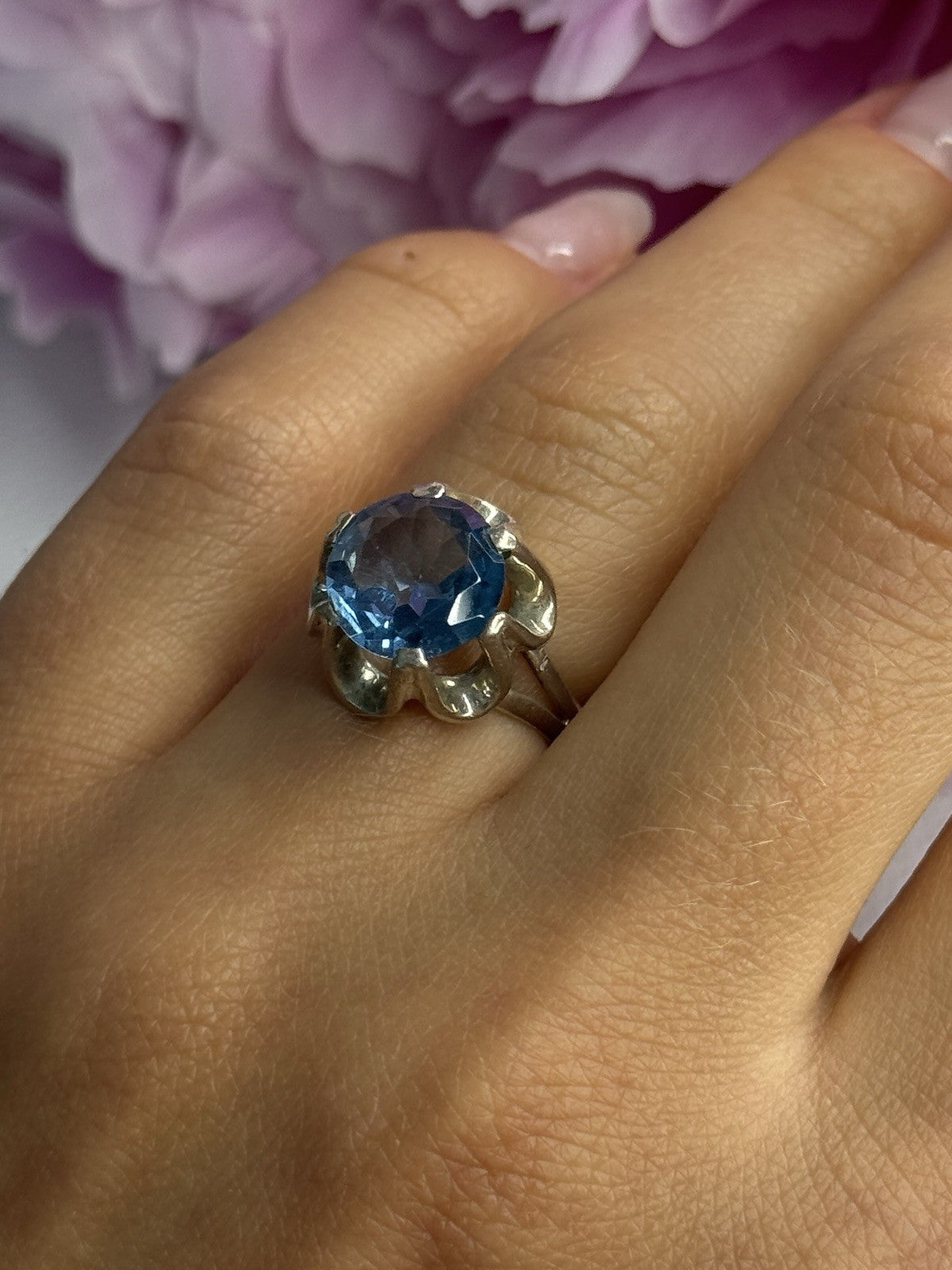 925 Sterling Silver Aquamarine Flower Ring Size 6