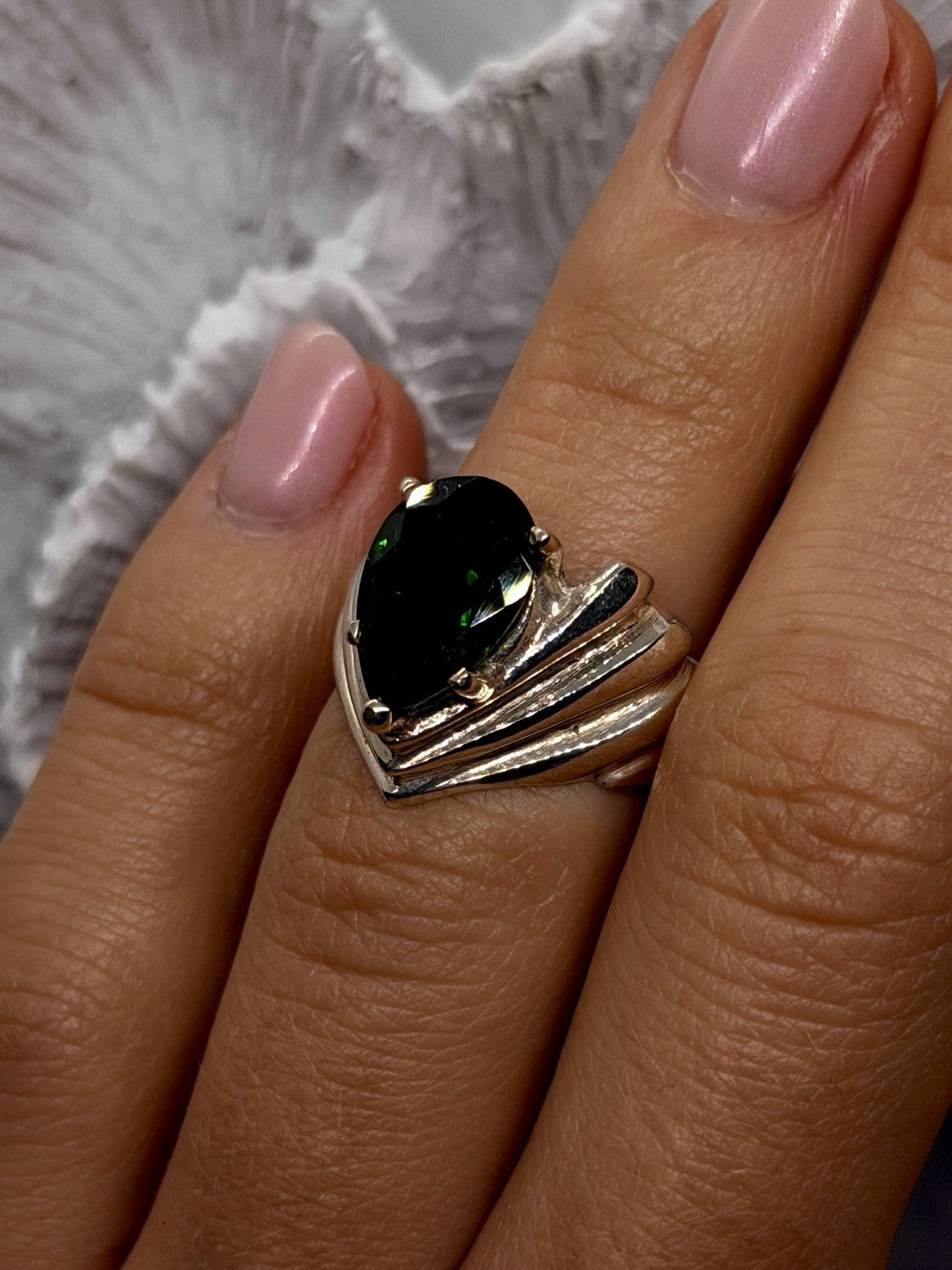 925 Sterling Silver Pear-Shaped Deep Green Tourmaline Ring Size 6