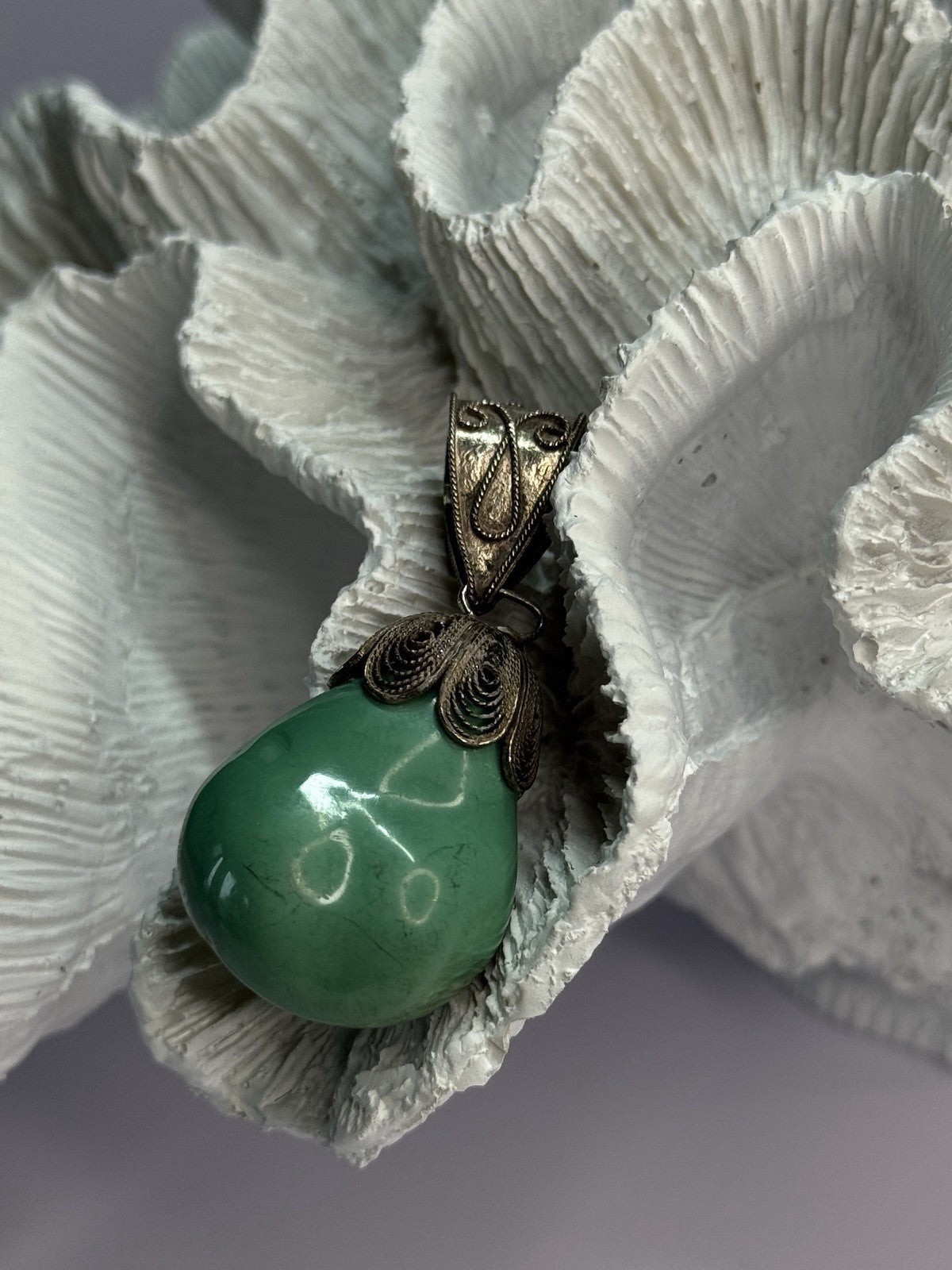 Vintage 925 Sterling Silver Malachite Pendant Length 2 Inch