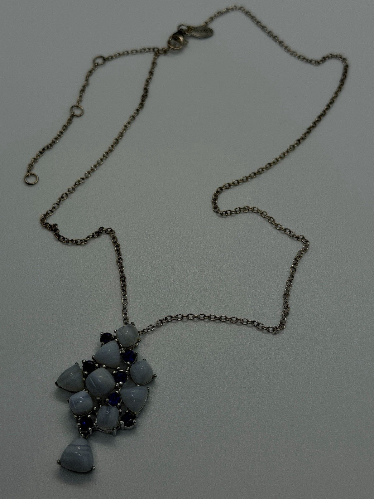 925 Sterling Silver Blue Lace Agate & Blue Sapphire Statement Pendant Necklace