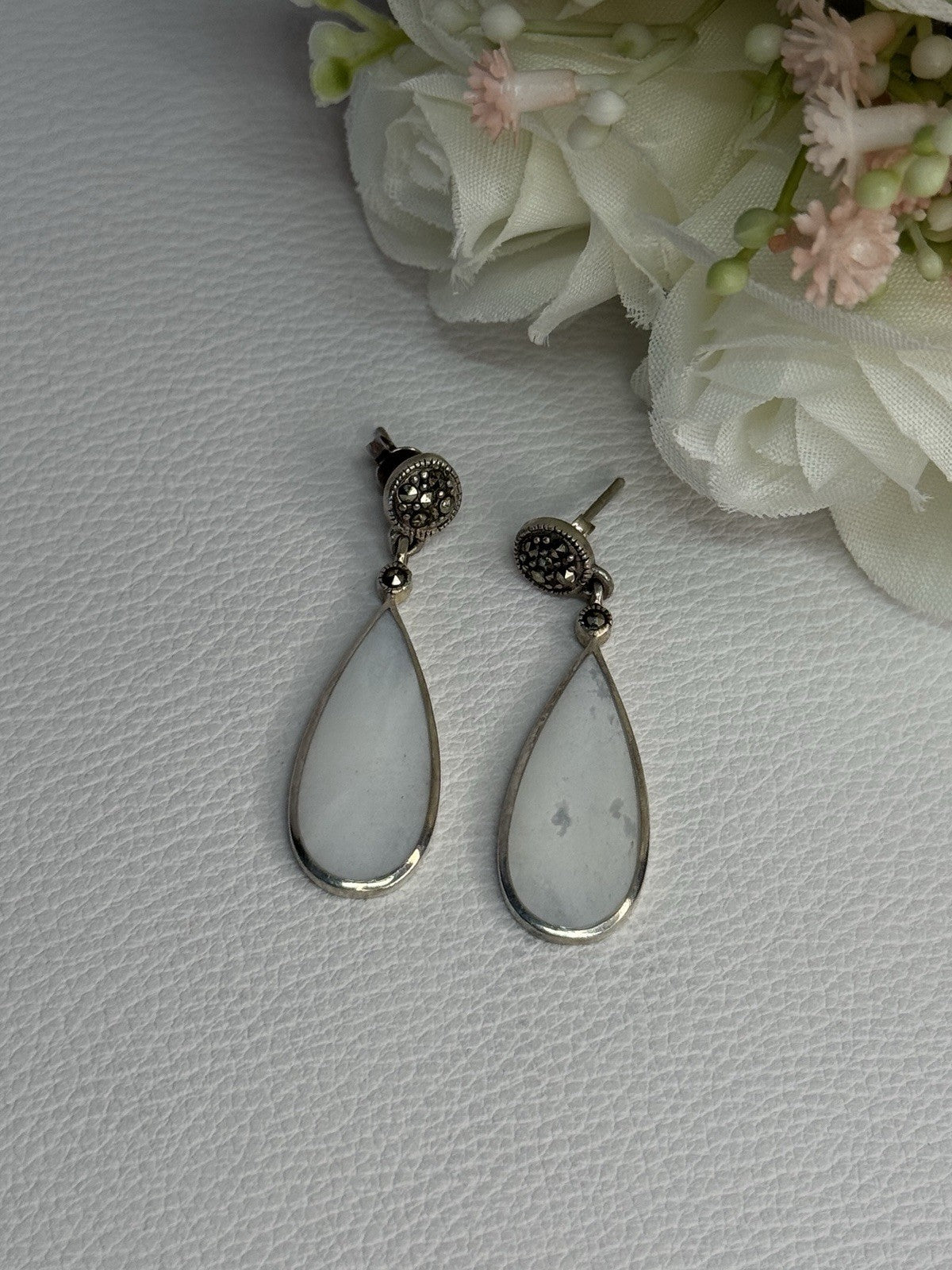 Vintage 925 Sterling Silver Abalone & Marcasite Earrings Length 1.60 Inch
