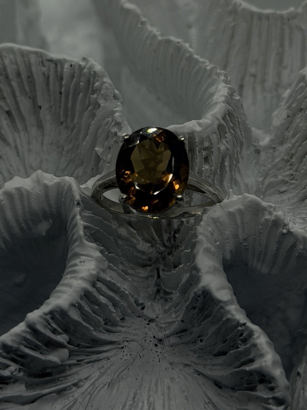 925 Sterling Silver Golden Cognac Brown Smoky Quartz Ring Size 6