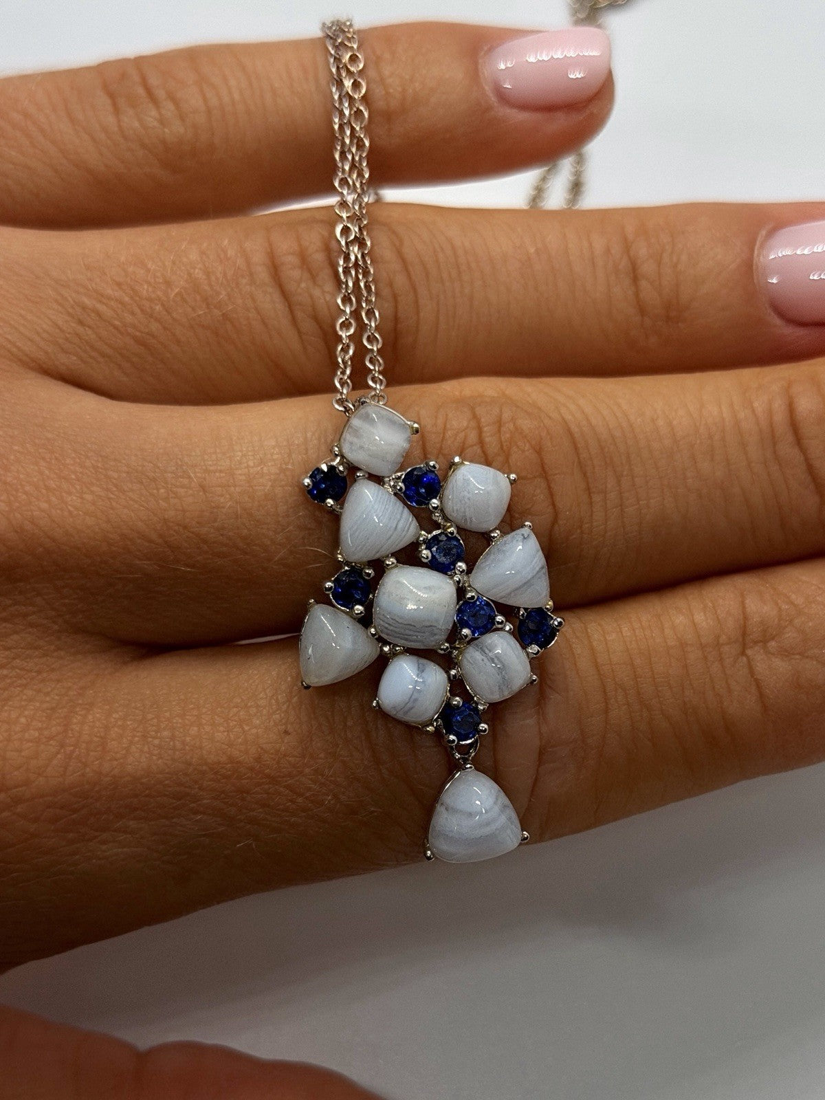 925 Sterling Silver Blue Lace Agate & Blue Sapphire Statement Pendant Necklace