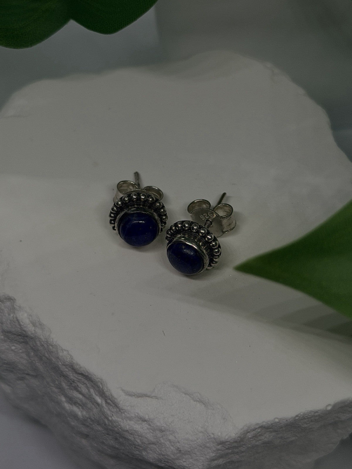 925 Sterling Silver Round Lapis Lazuli Stud Halo Earrings
