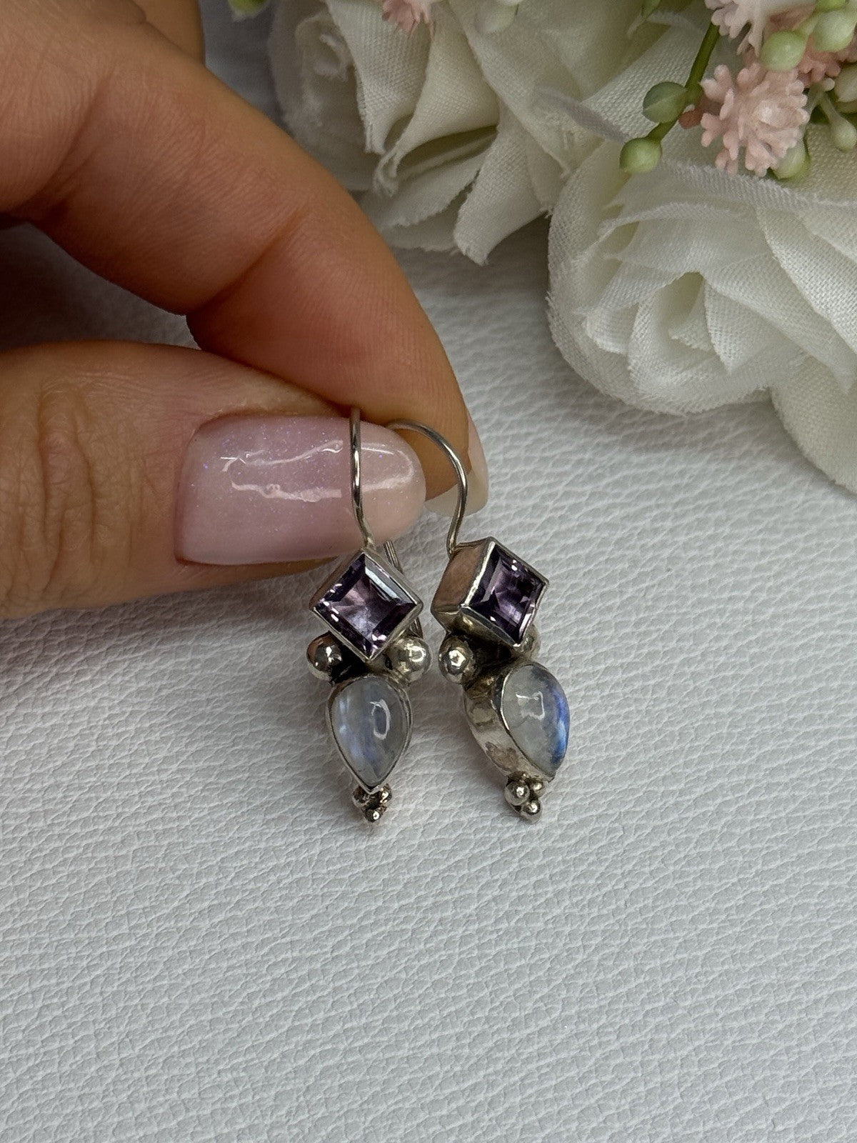 925 Sterling Silver Amethyst & Moonstone Earrings Length 1.30 Inch