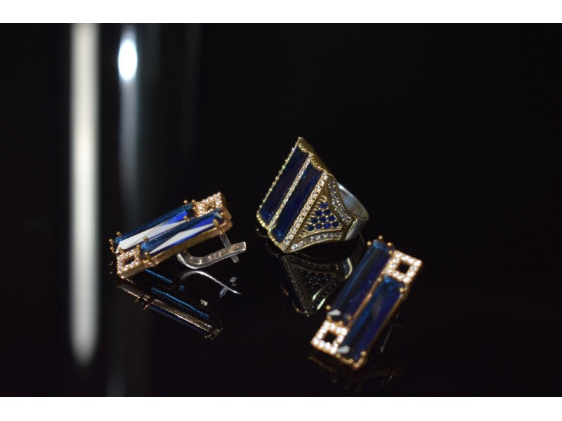 925 Sterling Silver Blue Alpanite SET (Ring & Earrings)