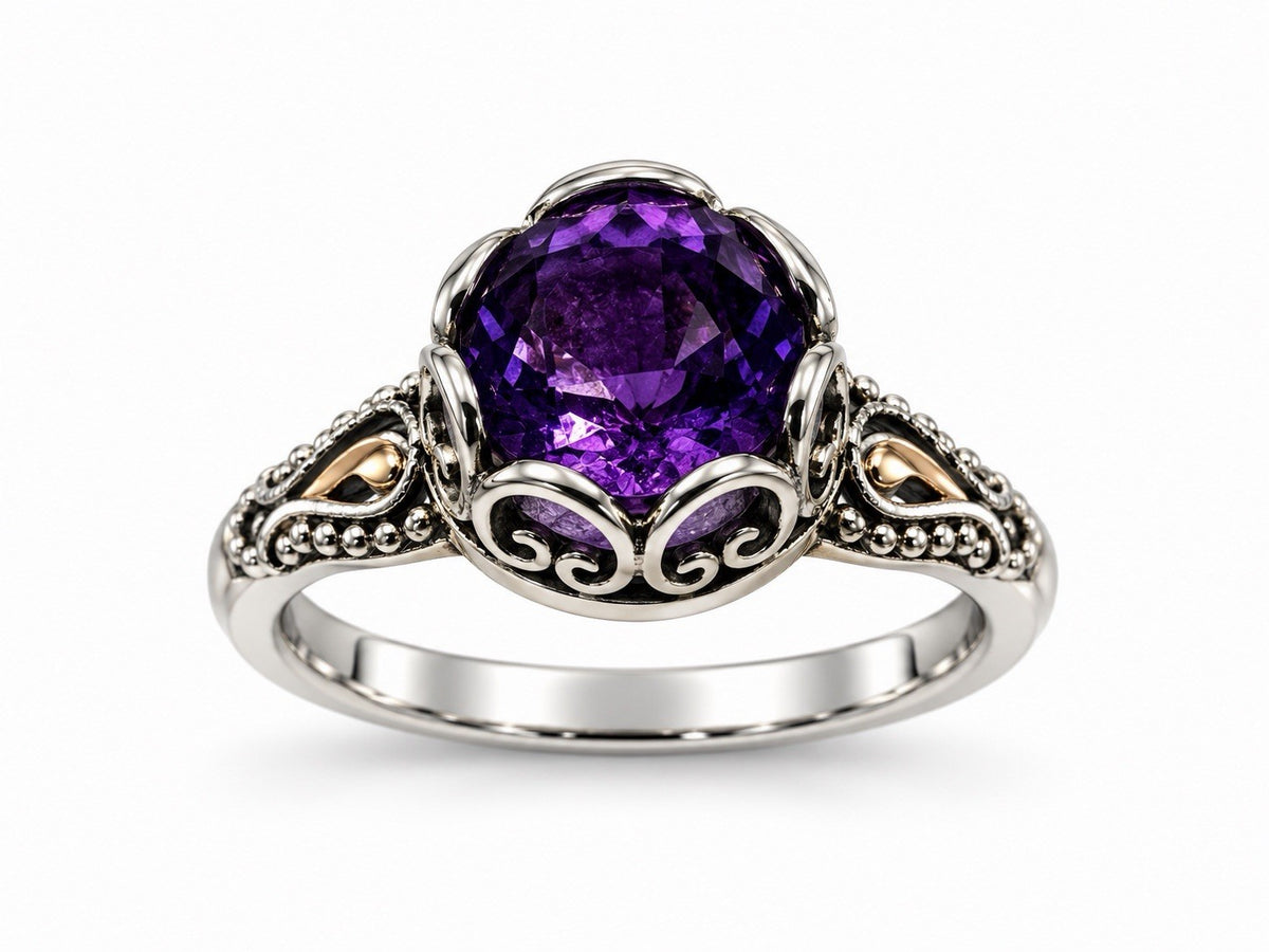 925 Sterling Silver & 18K Yellow Gold Part Amethyst Ring Size 5