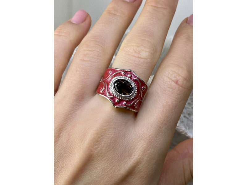 925 Sterling Silver Hessonite & Red Enamel Ring Size 9.5