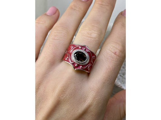 925 Sterling Silver Hessonite & Red Enamel Ring Size 9.5