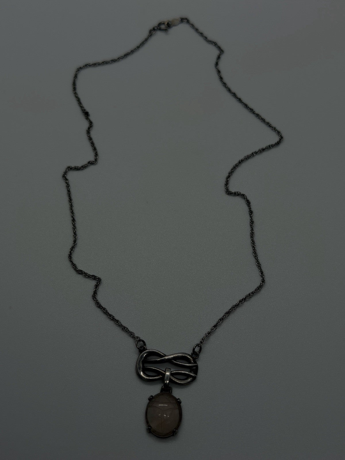 Vintage 925 Sterling Silver Rose Quartz Scarab Necklace Art Nouveau Infinity