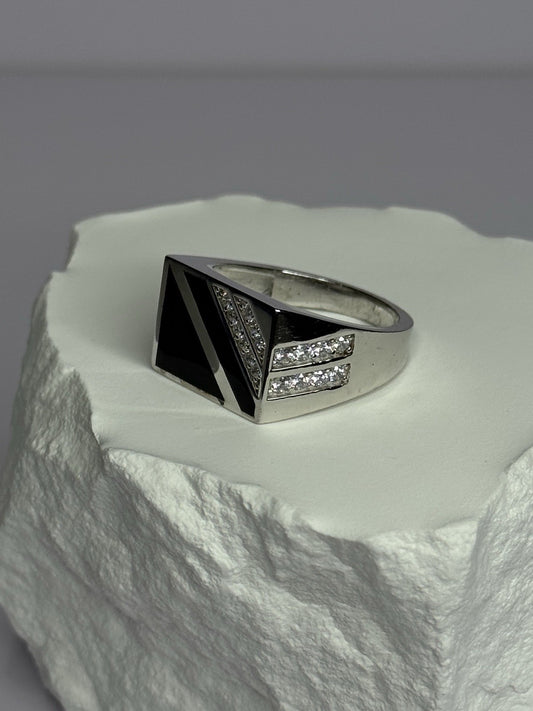 925 Sterling Silver Black Enamel & CZ Men'S Ring Size 11