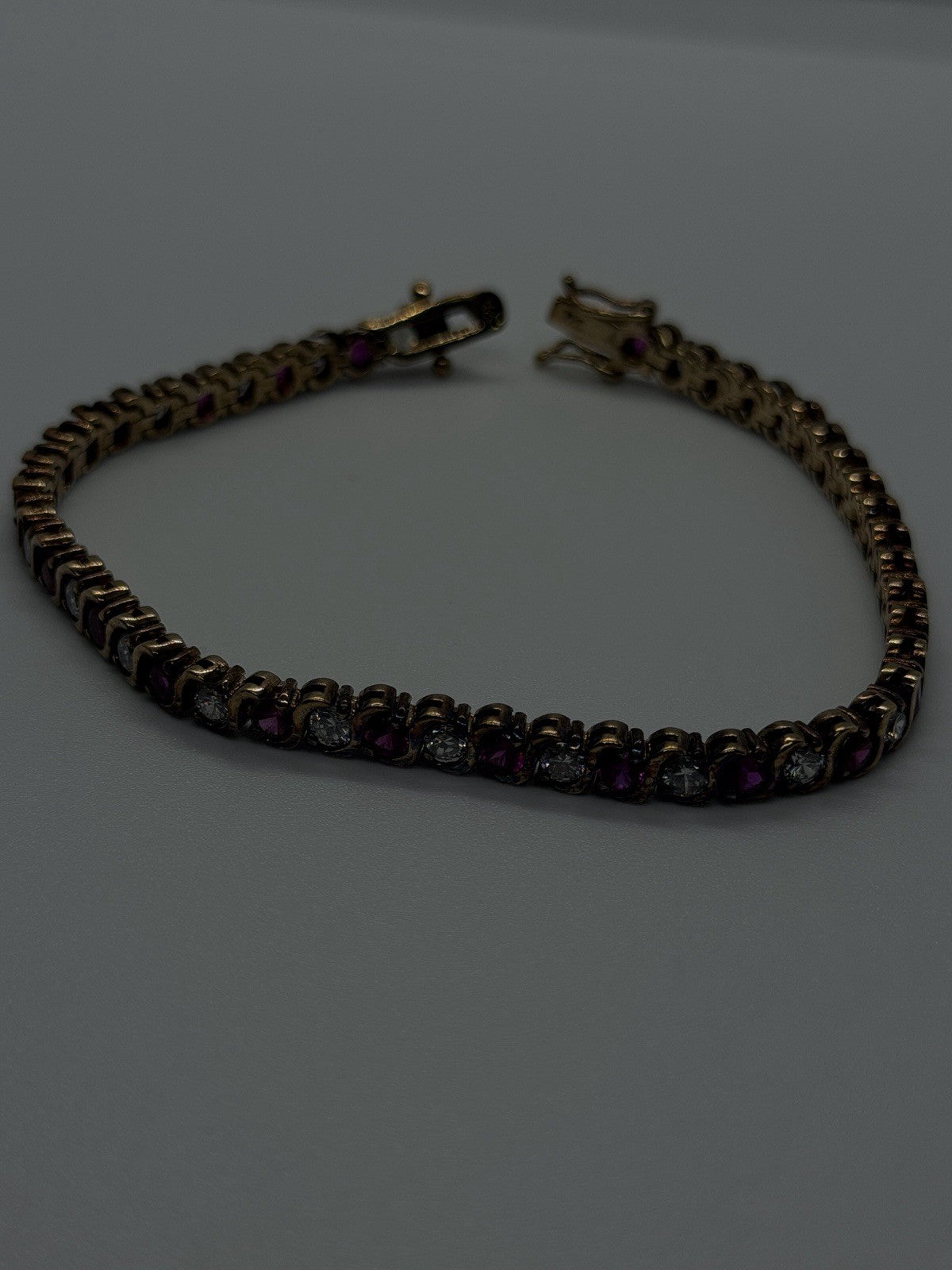 925 Sterling Silver Gold Plated Pink & White Topaz Bracelet Size 7.5
