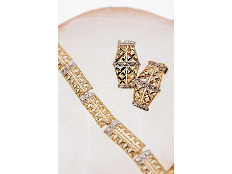 10K Yellow & White Gold "Openwork" Earrings Italy